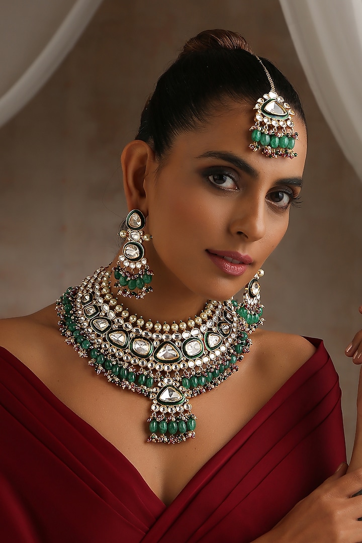 Gold Finish Green Moissanite Polki Choker Necklace Set by Swabhimann Jewellery at Pernia's Pop Up Shop