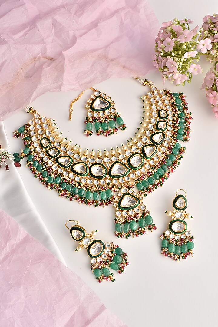 Gold Finish Green Moissanite Polki Choker Necklace Set by Swabhimann Jewellery at Pernia's Pop Up Shop