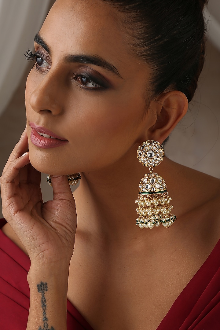 Gold Finish Kundan Polki & Pearl Jhumka Earrings by Swabhimann Jewellery at Pernia's Pop Up Shop