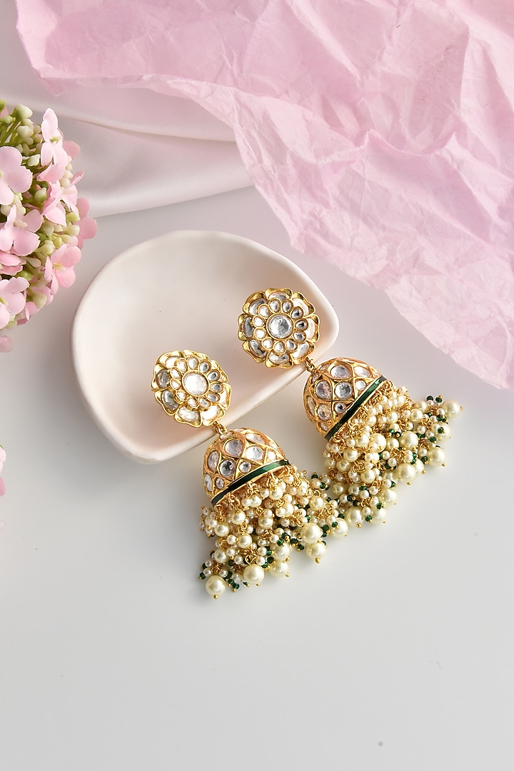 Gold Finish Kundan Polki & Pearl Jhumka Earrings by Swabhimann Jewellery at Pernia's Pop Up Shop