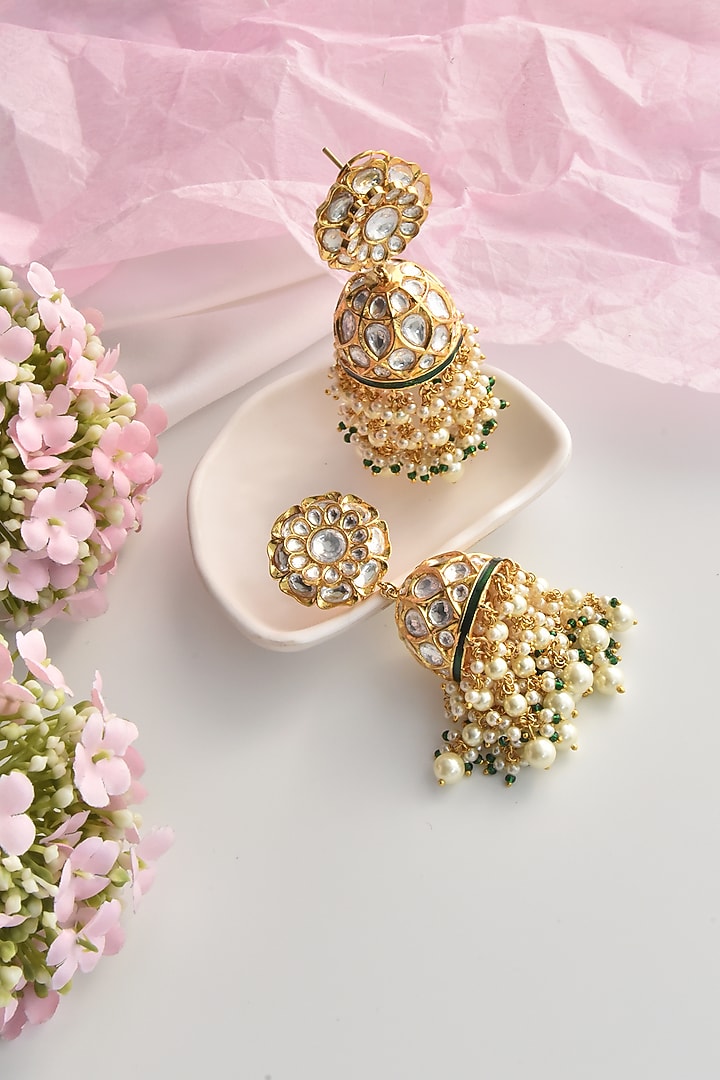 Gold Finish Kundan Polki & Pearl Jhumka Earrings by Swabhimann Jewellery at Pernia's Pop Up Shop