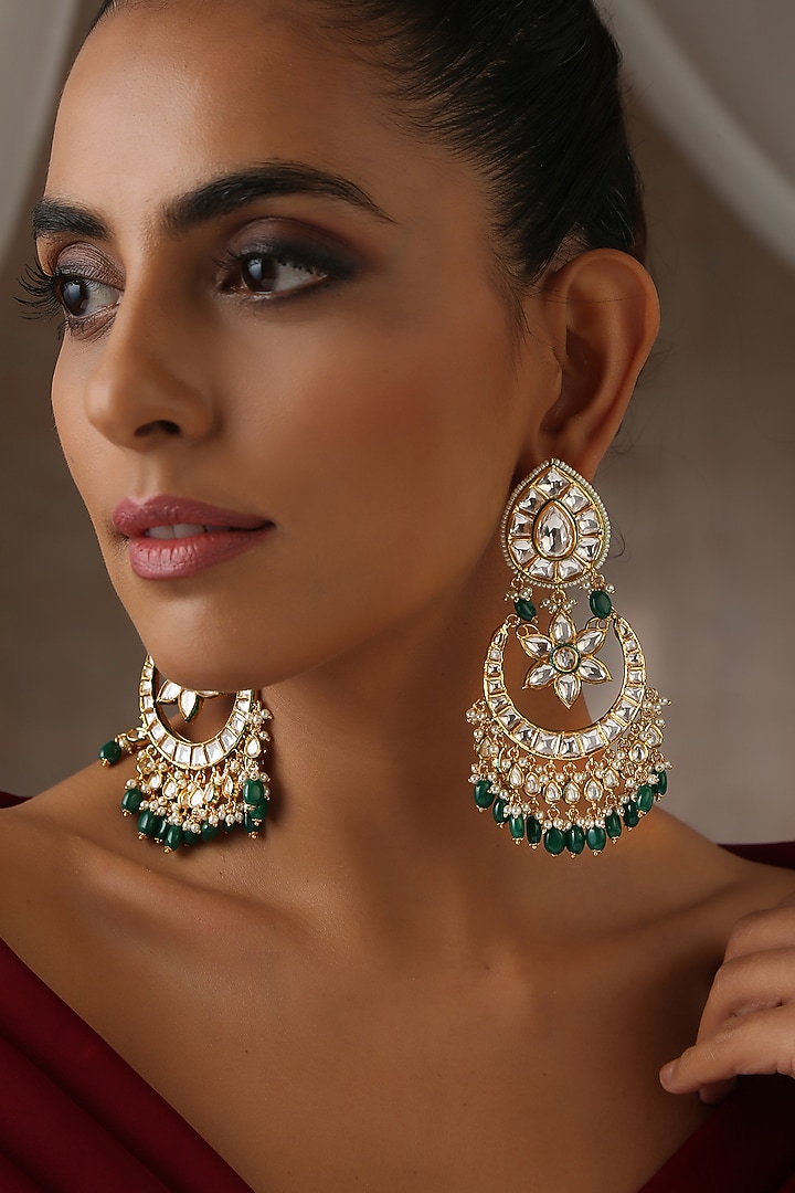 Gold Finish Green Moissanite Polki Chandbali Earrings by Swabhimann Jewellery at Pernia's Pop Up Shop