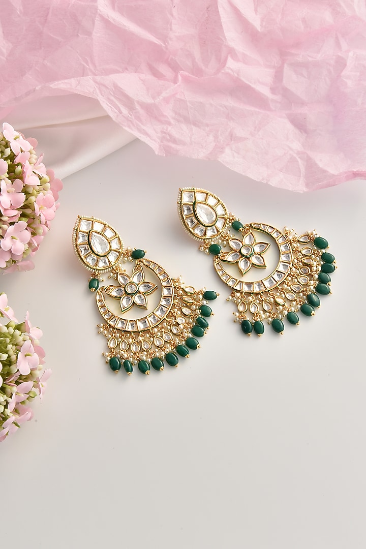 Gold Finish Green Moissanite Polki Chandbali Earrings by Swabhimann Jewellery at Pernia's Pop Up Shop
