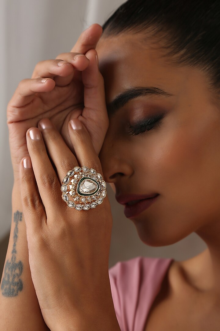 Rose Gold Finish Green Kundan Polki Ring by Swabhimann Jewellery at Pernia's Pop Up Shop