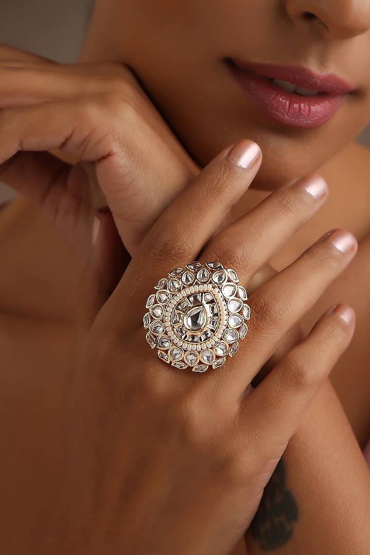 Rose Gold Finish Kundan Polki & Pearl Ring by Swabhimann Jewellery at Pernia's Pop Up Shop