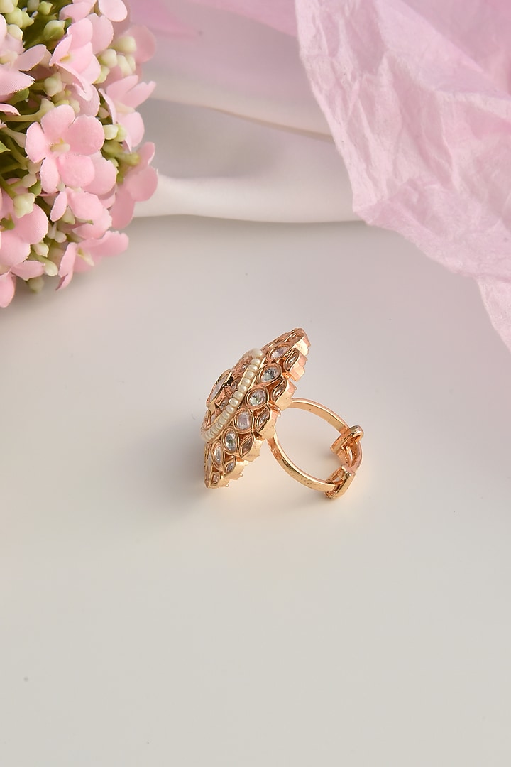 Rose Gold Finish Kundan Polki & Pearl Ring by Swabhimann Jewellery at Pernia's Pop Up Shop