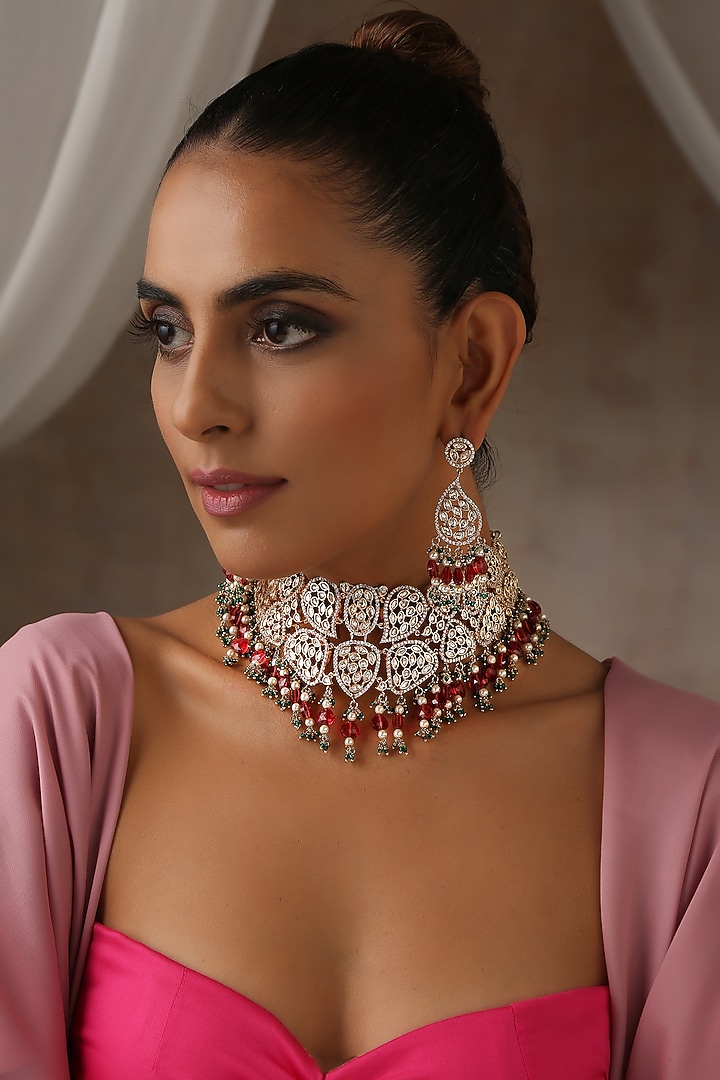 Rose Gold Finish Red Moissanite Polki Choker Necklace Set by Swabhimann Jewellery at Pernia's Pop Up Shop