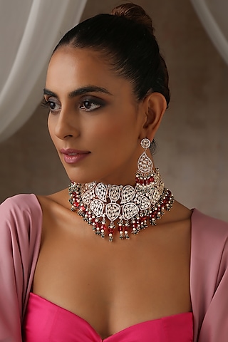 Rose Gold Finish Red Moissanite Polki Choker Necklace Set by swabhimann jewellery
