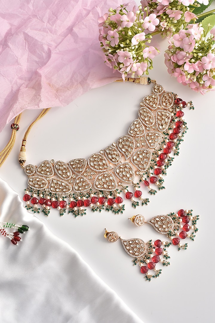 Rose Gold Finish Red Moissanite Polki Choker Necklace Set by Swabhimann Jewellery at Pernia's Pop Up Shop
