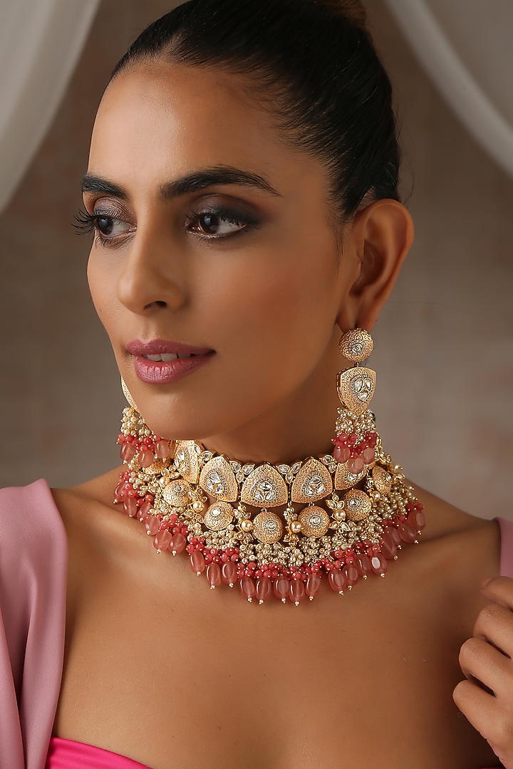 Gold Finish Pink Moissanite Polki Choker Necklace Set by Swabhimann Jewellery at Pernia's Pop Up Shop