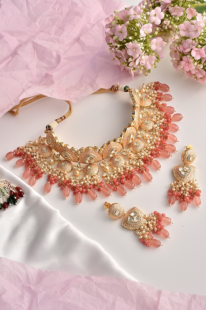 Gold Finish Pink Moissanite Polki Choker Necklace Set by Swabhimann Jewellery at Pernia's Pop Up Shop