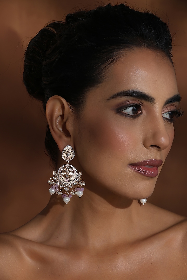 Rose Gold Finish Pink Kundan Polki Handcrafted Chandbali Earrings by Swabhimann Jewellery at Pernia's Pop Up Shop