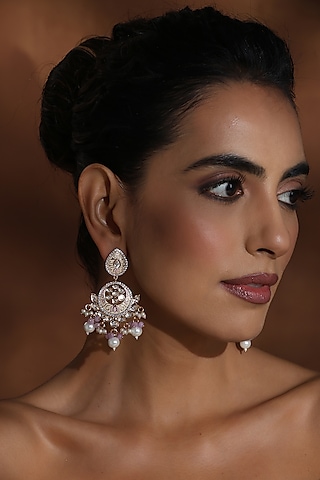 Rose Gold Finish Pink Kundan Polki Handcrafted Chandbali Earrings by Swabhimann Jewellery