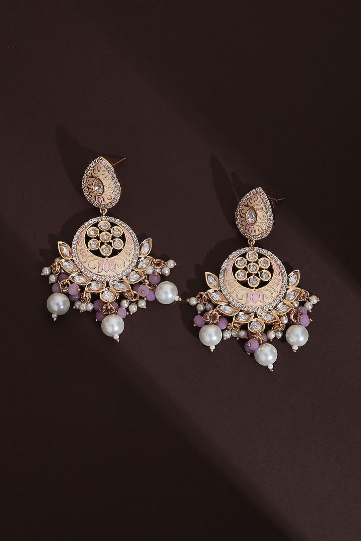Rose Gold Finish Pink Kundan Polki Handcrafted Chandbali Earrings by Swabhimann Jewellery at Pernia's Pop Up Shop