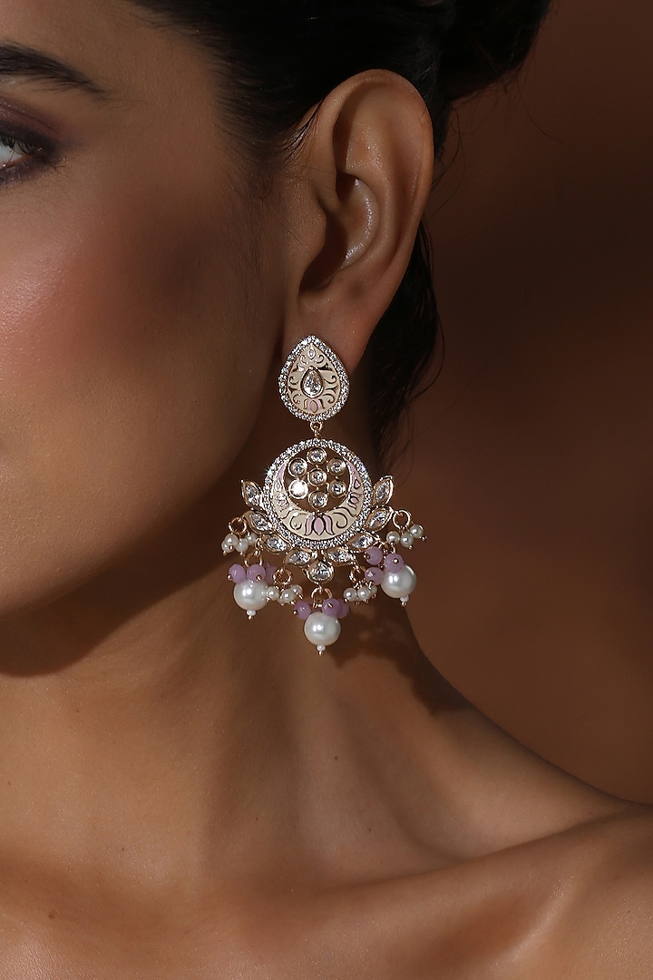 Rose Gold Finish Pink Kundan Polki Handcrafted Chandbali Earrings by Swabhimann Jewellery at Pernia's Pop Up Shop