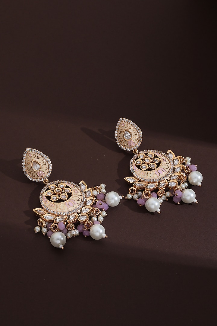 Rose Gold Finish Pink Kundan Polki Handcrafted Chandbali Earrings by Swabhimann Jewellery at Pernia's Pop Up Shop