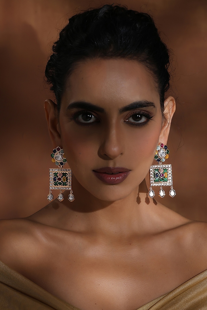 Rose Gold Finish Multi-Colored Kundan Polki Handcrafted Dangler Earrings by Swabhimann Jewellery at Pernia's Pop Up Shop