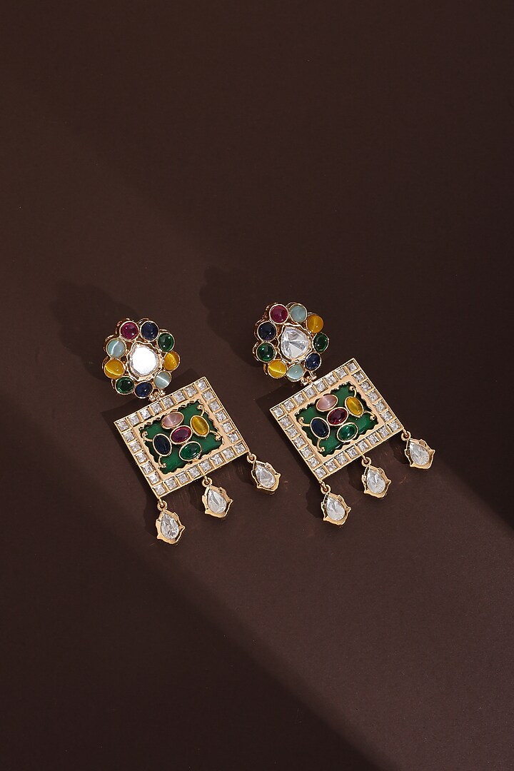 Rose Gold Finish Multi-Colored Kundan Polki Handcrafted Dangler Earrings by Swabhimann Jewellery at Pernia's Pop Up Shop