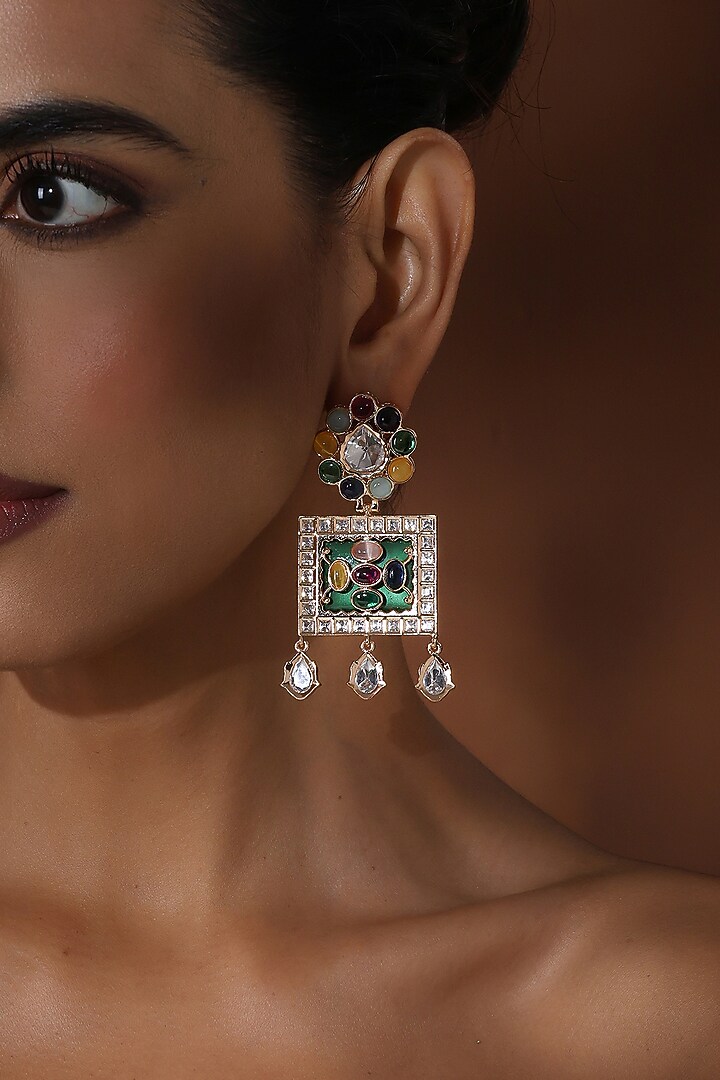 Rose Gold Finish Multi-Colored Kundan Polki Handcrafted Dangler Earrings by Swabhimann Jewellery at Pernia's Pop Up Shop