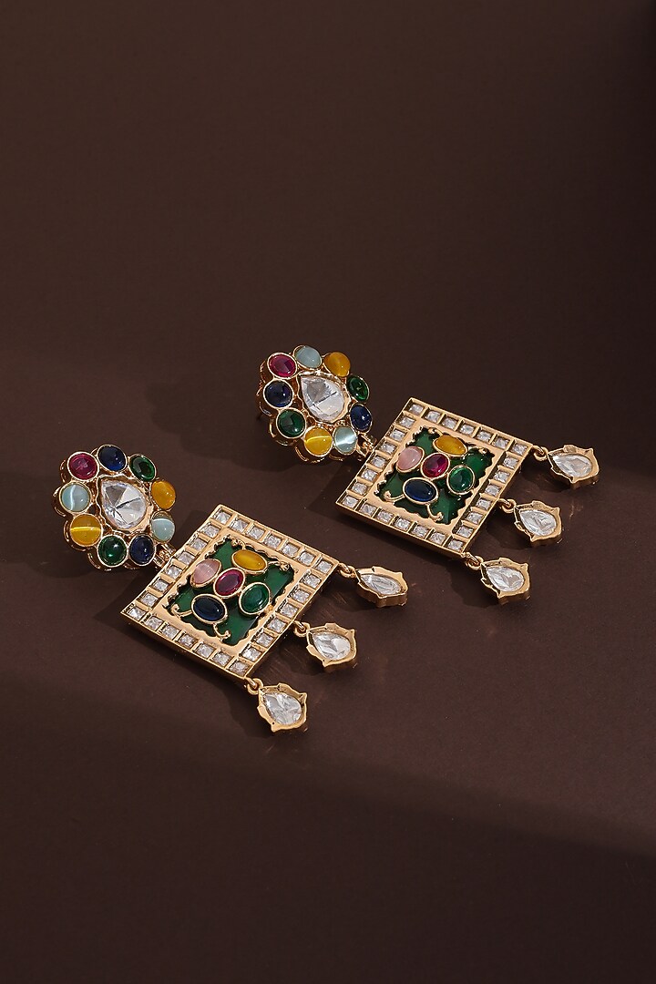 Rose Gold Finish Multi-Colored Kundan Polki Handcrafted Dangler Earrings by Swabhimann Jewellery at Pernia's Pop Up Shop