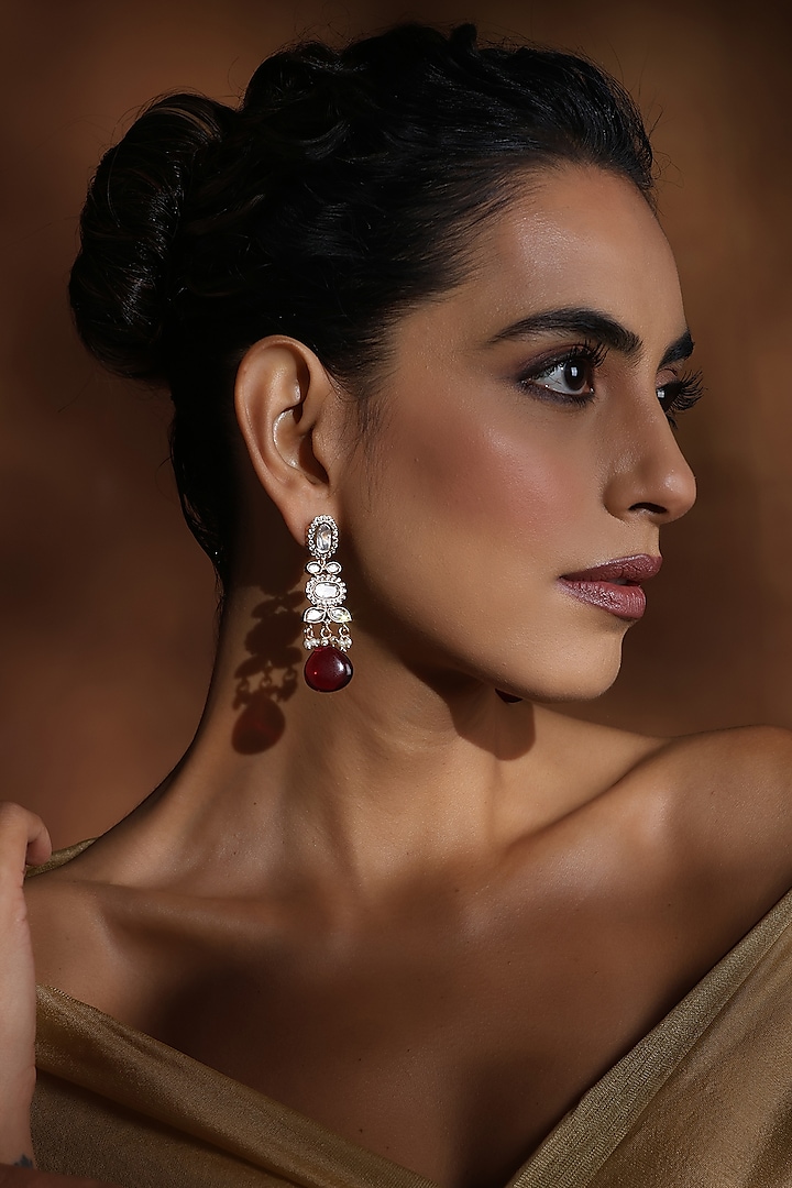 Rose Gold Finish Red Kundan Polki Handcrafted Dangler Earrings by Swabhimann Jewellery at Pernia's Pop Up Shop