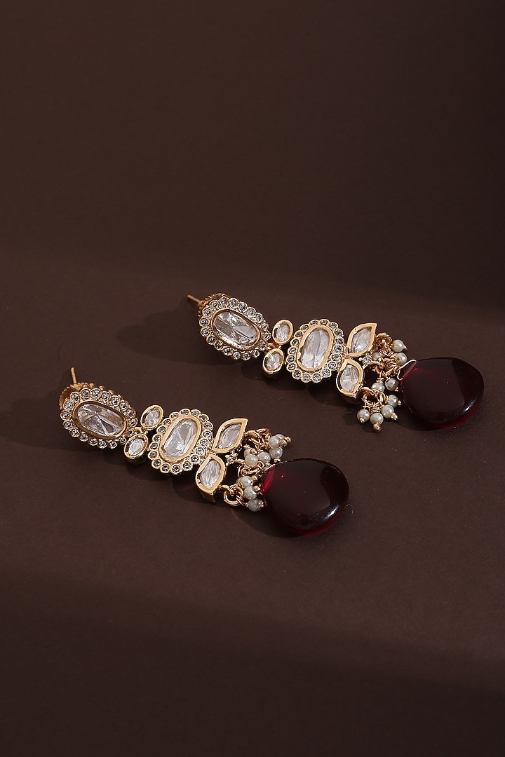 Rose Gold Finish Red Kundan Polki Handcrafted Dangler Earrings by Swabhimann Jewellery at Pernia's Pop Up Shop
