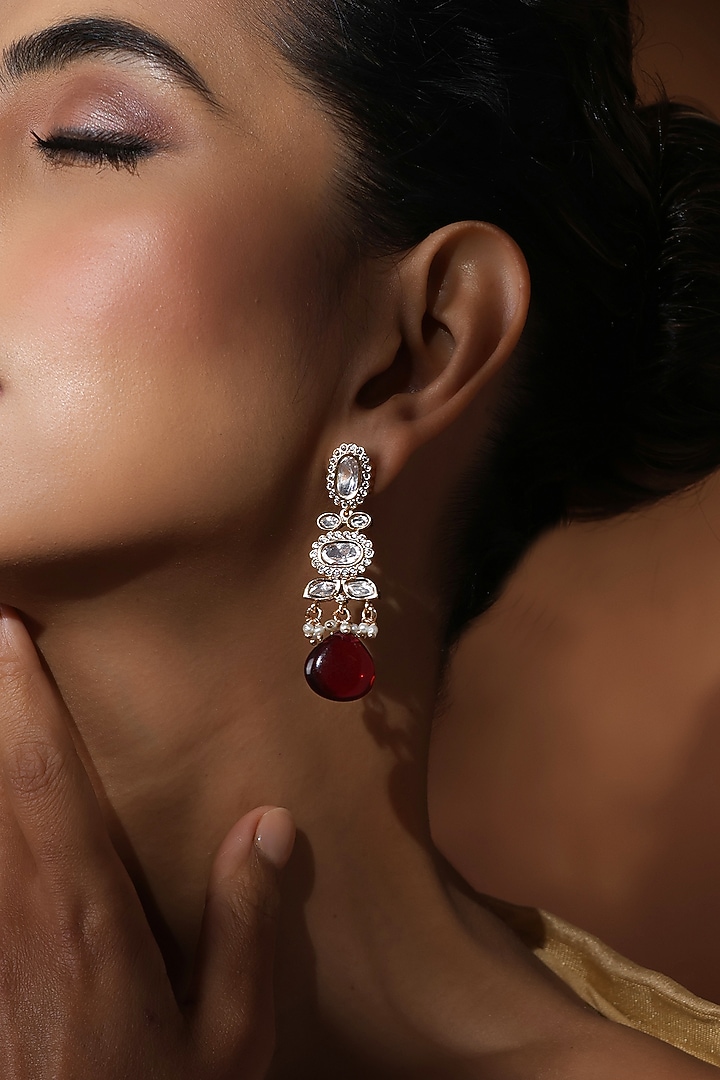 Rose Gold Finish Red Kundan Polki Handcrafted Dangler Earrings by Swabhimann Jewellery at Pernia's Pop Up Shop