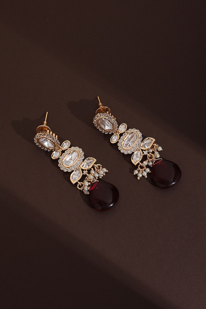 Rose Gold Finish Red Kundan Polki Handcrafted Dangler Earrings by Swabhimann Jewellery at Pernia's Pop Up Shop