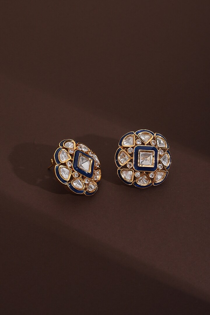 Rose Gold Finish Blue Kundan Polki Handcrafted Stud Earrings by Swabhimann Jewellery at Pernia's Pop Up Shop