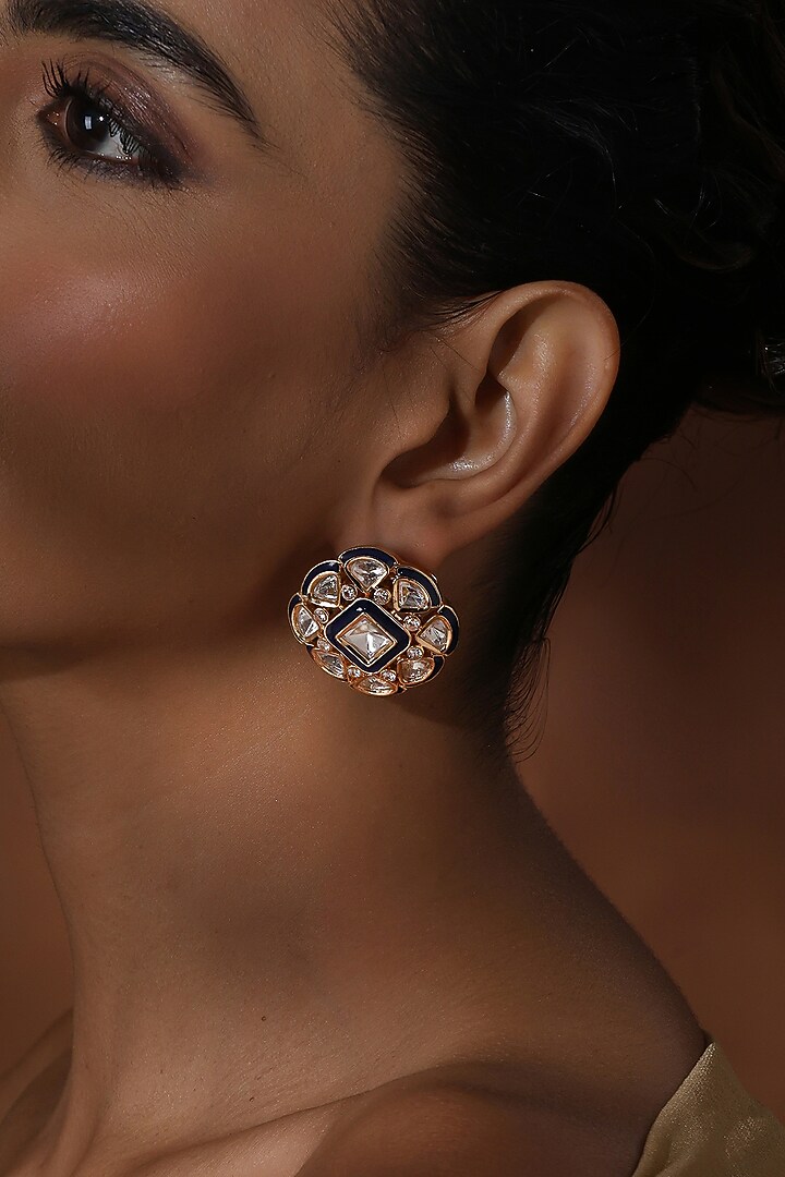 Rose Gold Finish Blue Kundan Polki Handcrafted Stud Earrings by Swabhimann Jewellery at Pernia's Pop Up Shop