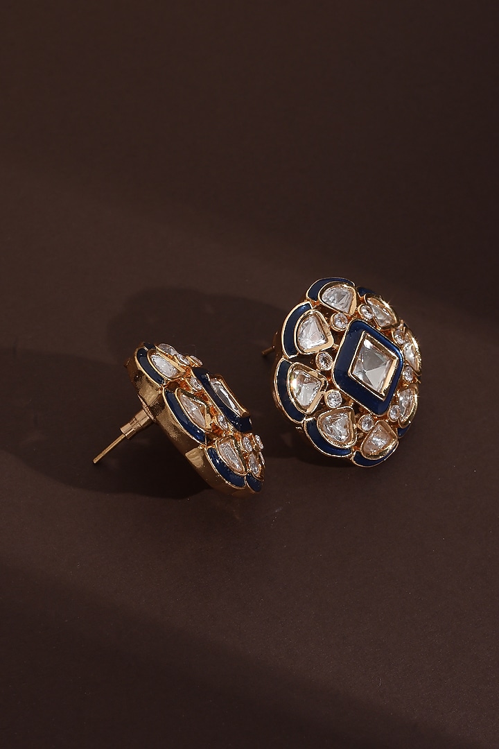 Rose Gold Finish Blue Kundan Polki Handcrafted Stud Earrings by Swabhimann Jewellery at Pernia's Pop Up Shop