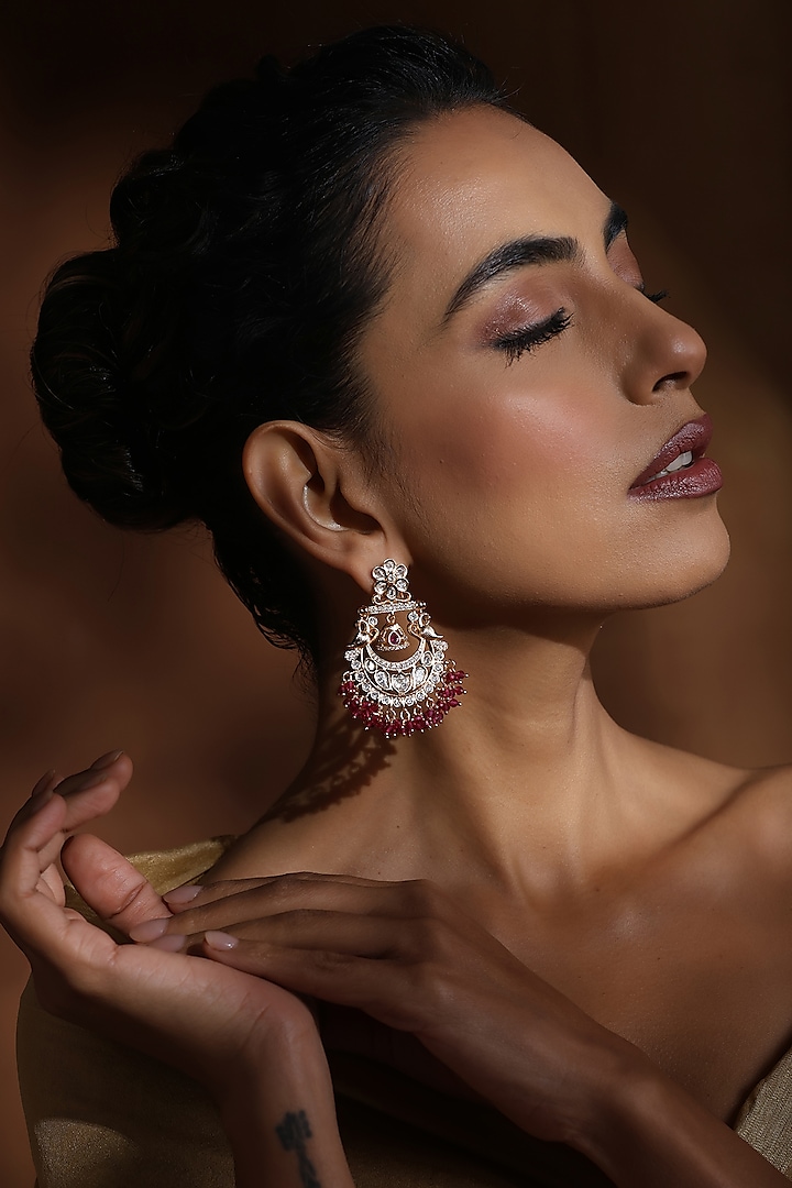 Rose Gold Finish Red Kundan Polki Handcrafted Chandbali Earrings by Swabhimann Jewellery at Pernia's Pop Up Shop