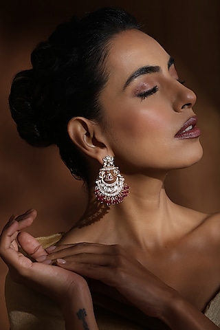 Rose Gold Finish Red Kundan Polki Handcrafted Chandbali Earrings by Swabhimann Jewellery