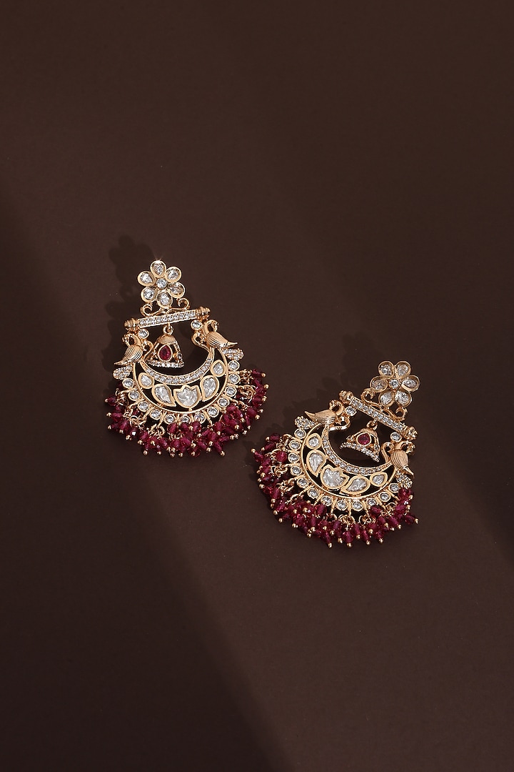 Rose Gold Finish Red Kundan Polki Handcrafted Chandbali Earrings by Swabhimann Jewellery at Pernia's Pop Up Shop
