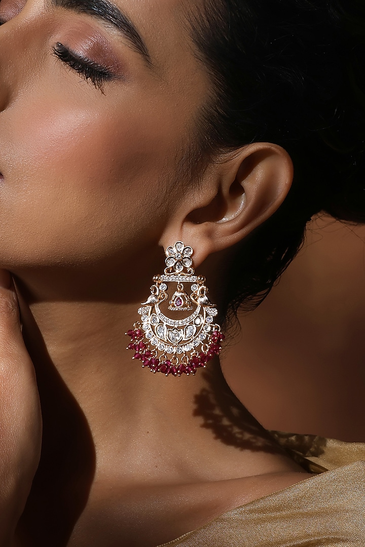 Rose Gold Finish Red Kundan Polki Handcrafted Chandbali Earrings by Swabhimann Jewellery at Pernia's Pop Up Shop