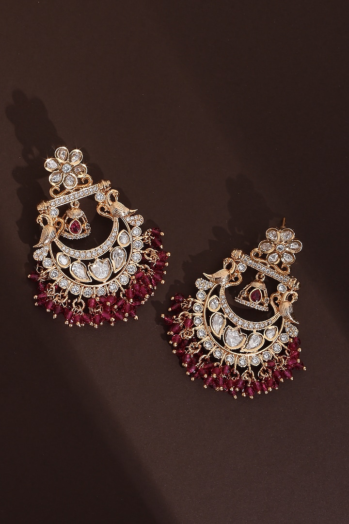 Rose Gold Finish Red Kundan Polki Handcrafted Chandbali Earrings by Swabhimann Jewellery at Pernia's Pop Up Shop