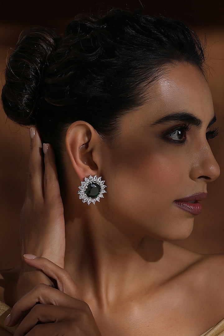 White Finish Zircon & Emerald Green Stone Handcrafted Stud Earrings by Swabhimann Jewellery at Pernia's Pop Up Shop