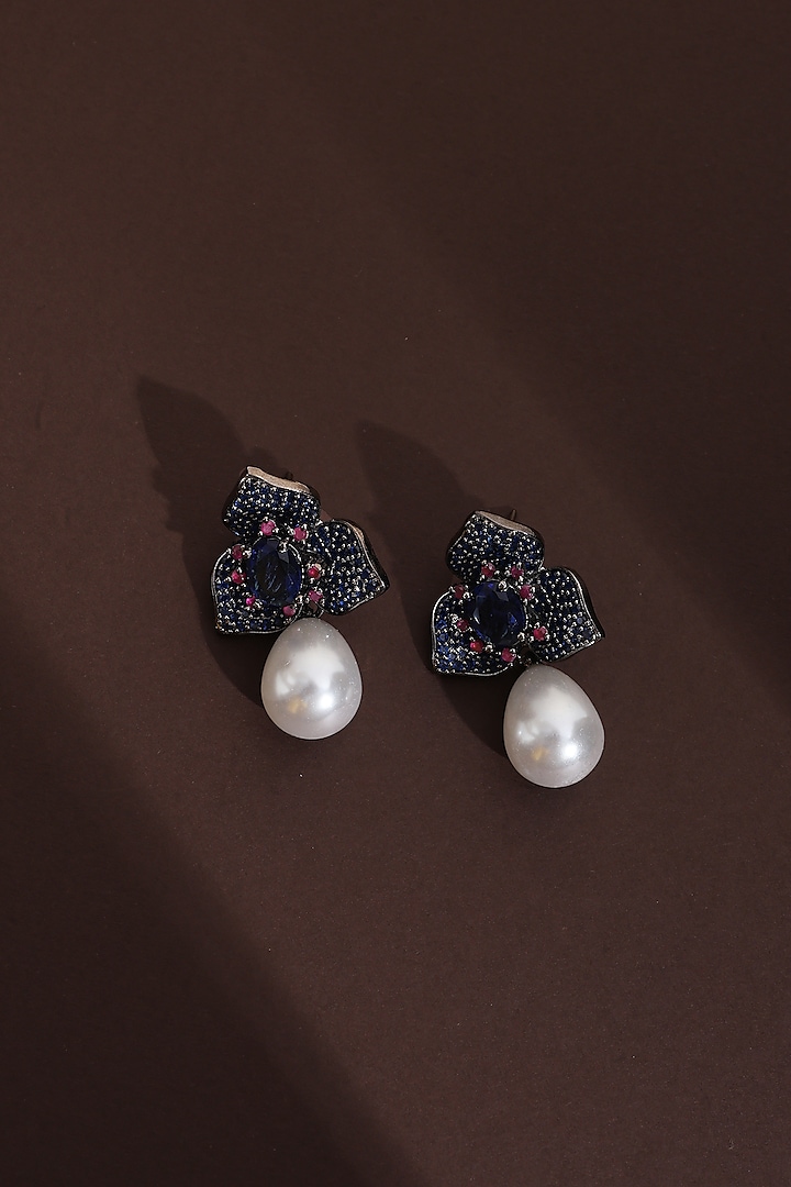 Black Rhodium Finish Blue Zircon Handcrafted Stud Earrings by Swabhimann Jewellery at Pernia's Pop Up Shop