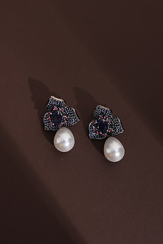Black Rhodium Finish Blue Zircon Handcrafted Stud Earrings by Swabhimann Jewellery