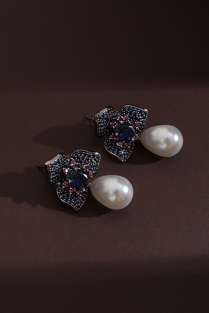 Black Rhodium Finish Blue Zircon Handcrafted Stud Earrings by Swabhimann Jewellery at Pernia's Pop Up Shop