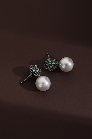 Black Rhodium Finish Green Zircon Handcrafted Stud Earrings by Swabhimann Jewellery