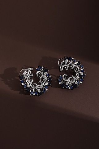 Black Rhodium Finish Blue Zircon Handcrafted Hoop Earrings by Swabhimann Jewellery