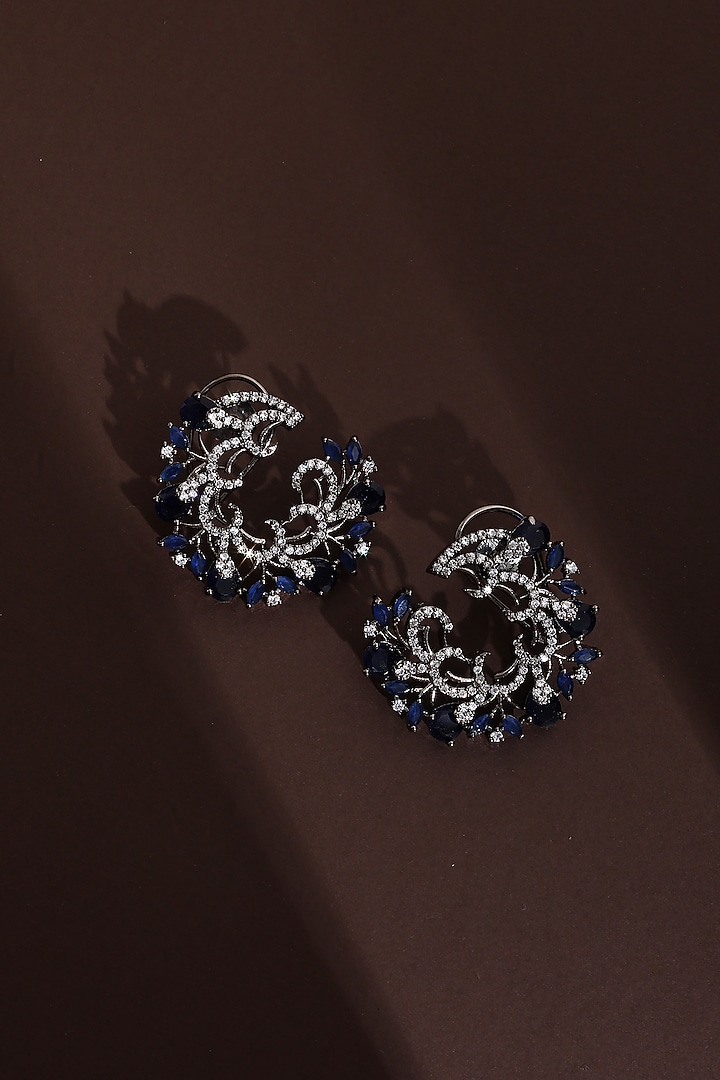 Black Rhodium Finish Blue Zircon Handcrafted Hoop Earrings by Swabhimann Jewellery at Pernia's Pop Up Shop