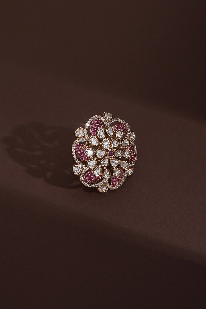 Rose Gold Finish Magenta Kundan Polki Handcrafted Ring by Swabhimann Jewellery at Pernia's Pop Up Shop