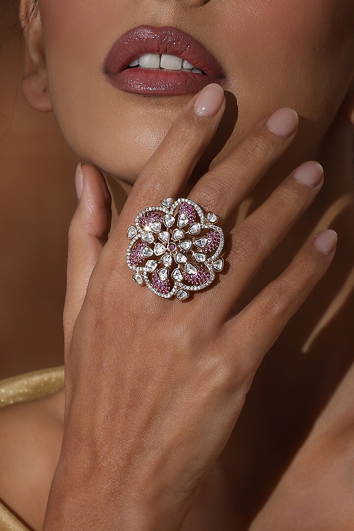 Rose Gold Finish Magenta Kundan Polki Handcrafted Ring by Swabhimann Jewellery at Pernia's Pop Up Shop