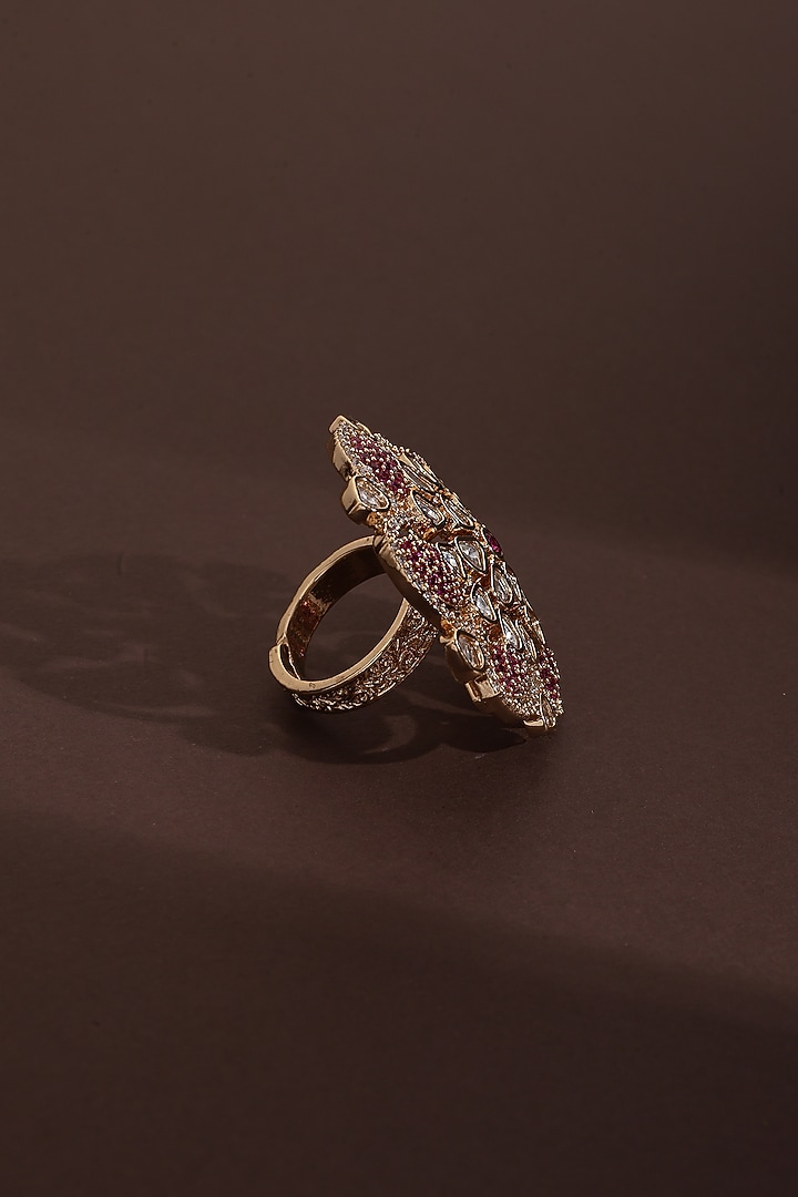 Rose Gold Finish Magenta Kundan Polki Handcrafted Ring by Swabhimann Jewellery at Pernia's Pop Up Shop