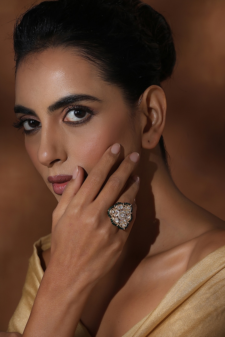 Rose Gold Finish Green Kundan Polki Handcrafted Ring by Swabhimann Jewellery at Pernia's Pop Up Shop