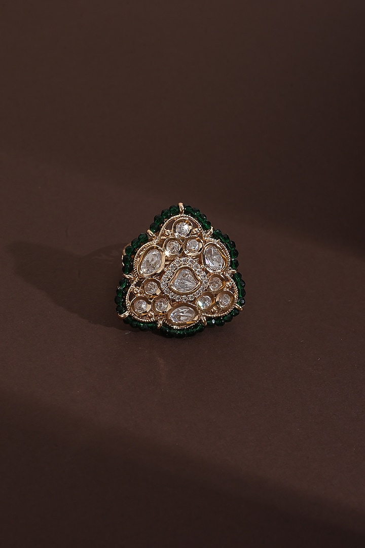 Rose Gold Finish Green Kundan Polki Handcrafted Ring by Swabhimann Jewellery at Pernia's Pop Up Shop