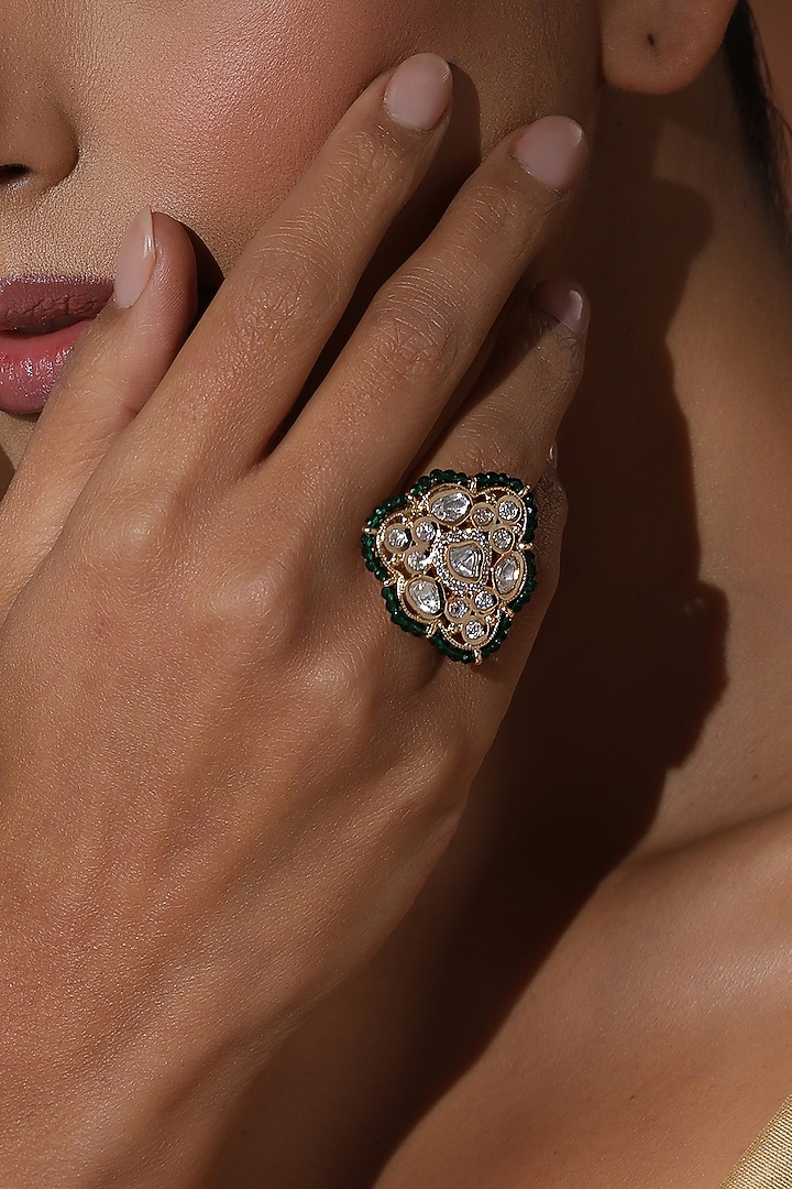 Rose Gold Finish Green Kundan Polki Handcrafted Ring by Swabhimann Jewellery at Pernia's Pop Up Shop