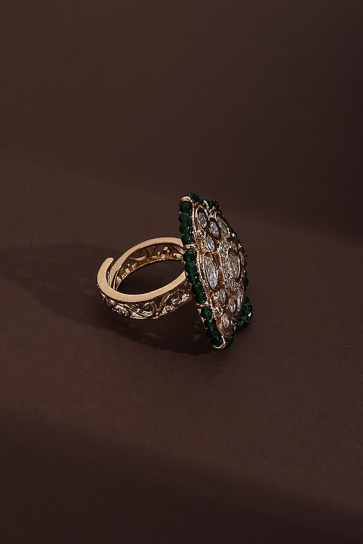 Rose Gold Finish Green Kundan Polki Handcrafted Ring by Swabhimann Jewellery at Pernia's Pop Up Shop